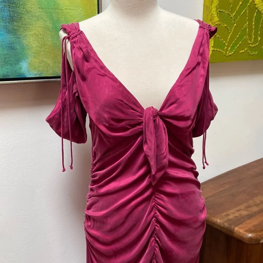 For Love & Lemons Beth Midi Dress Dark Magenta Pink w Draped Sleeves Large NWT - Picture 5 of 12